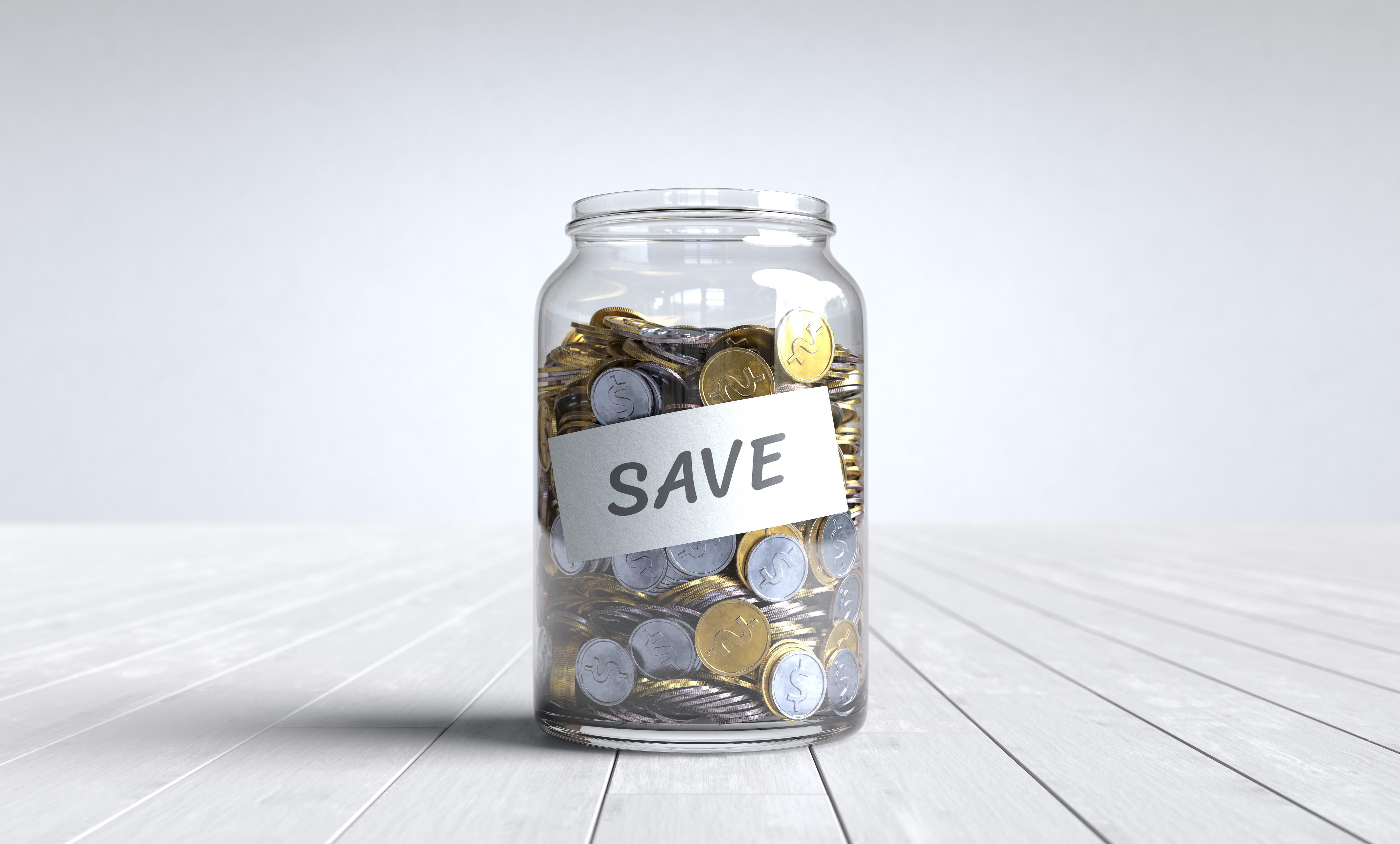 Coins in a glass jar, Money saving concept. 3D illustration